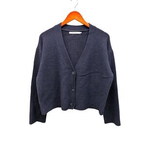 Harper Lane Cashmere V Neck Button Front Cardigan Women's L Navy Blue Cozy
